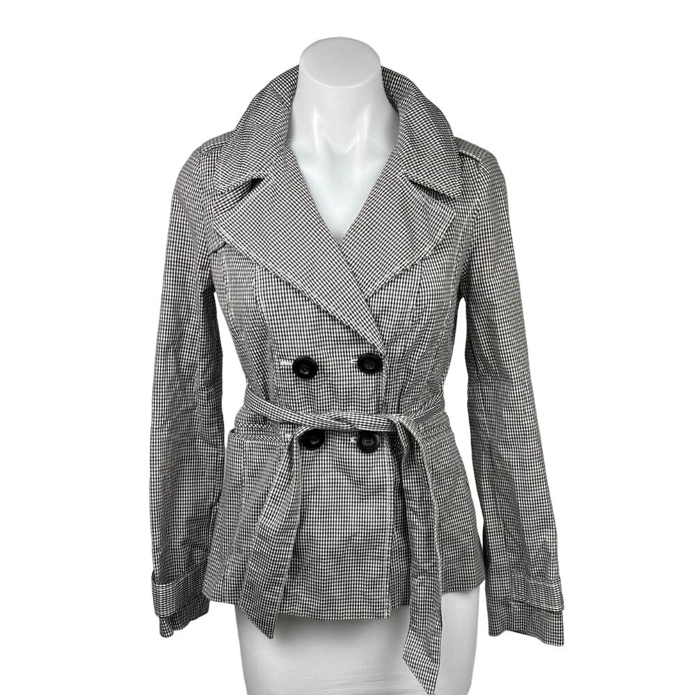 Halogen Black White Gingham Check Double Breasted Tie Belt Trench Jacket Sz XS